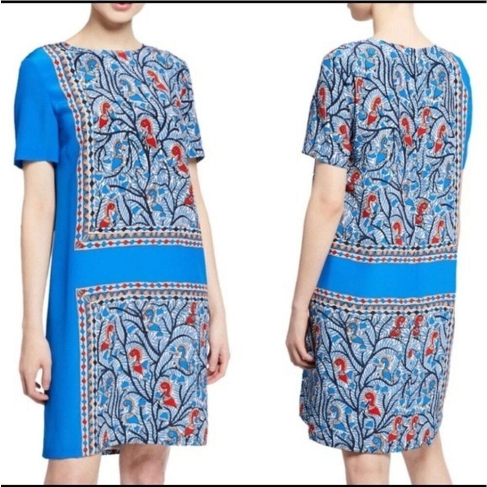 Tory Burch Mallory Mini Dress Framed Bird Print Silk Blue FLAWED Size 12